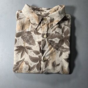 Men's Alfani Tan & Cream Tropical Leaf Print Short Sleeve Button up Silk XL